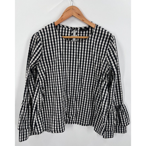 Halogen Nordstrom Gingham Long Bell Sleeves Poplin Top Stretchy Blouse S Small - Picture 5 of 9